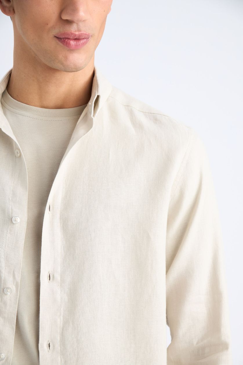 Erkek Açık Gri %100 Keten Regular Fit Polo Yaka Yazlık Uzun Kollu Gömlek