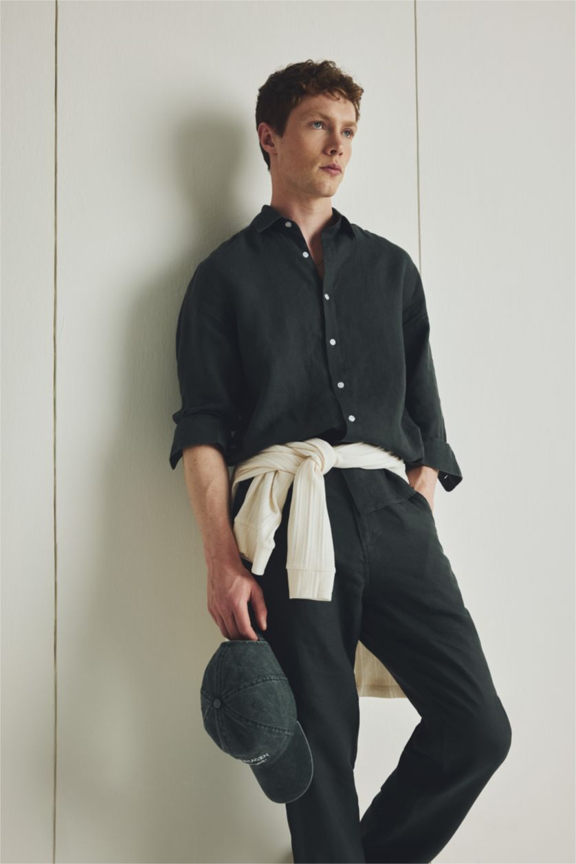 Man Dark Khaki 100% Linen Regular Fit Polo Collar Shirt