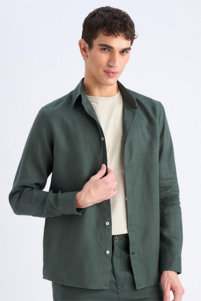 Man Dark Khaki 100% Linen Regular Fit Polo Collar Shirt
