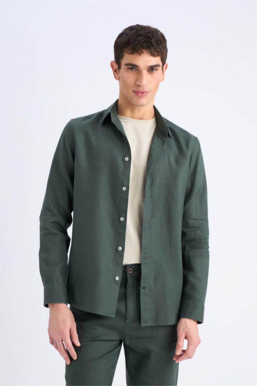 Мужчины Темный хаки Летняя льняная рубашка Regular Fit с длинным рукавом и поло воротником