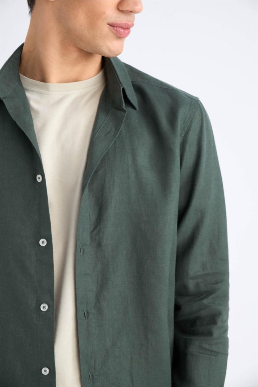 Мужчины Темный хаки Летняя льняная рубашка Regular Fit с длинным рукавом и поло воротником