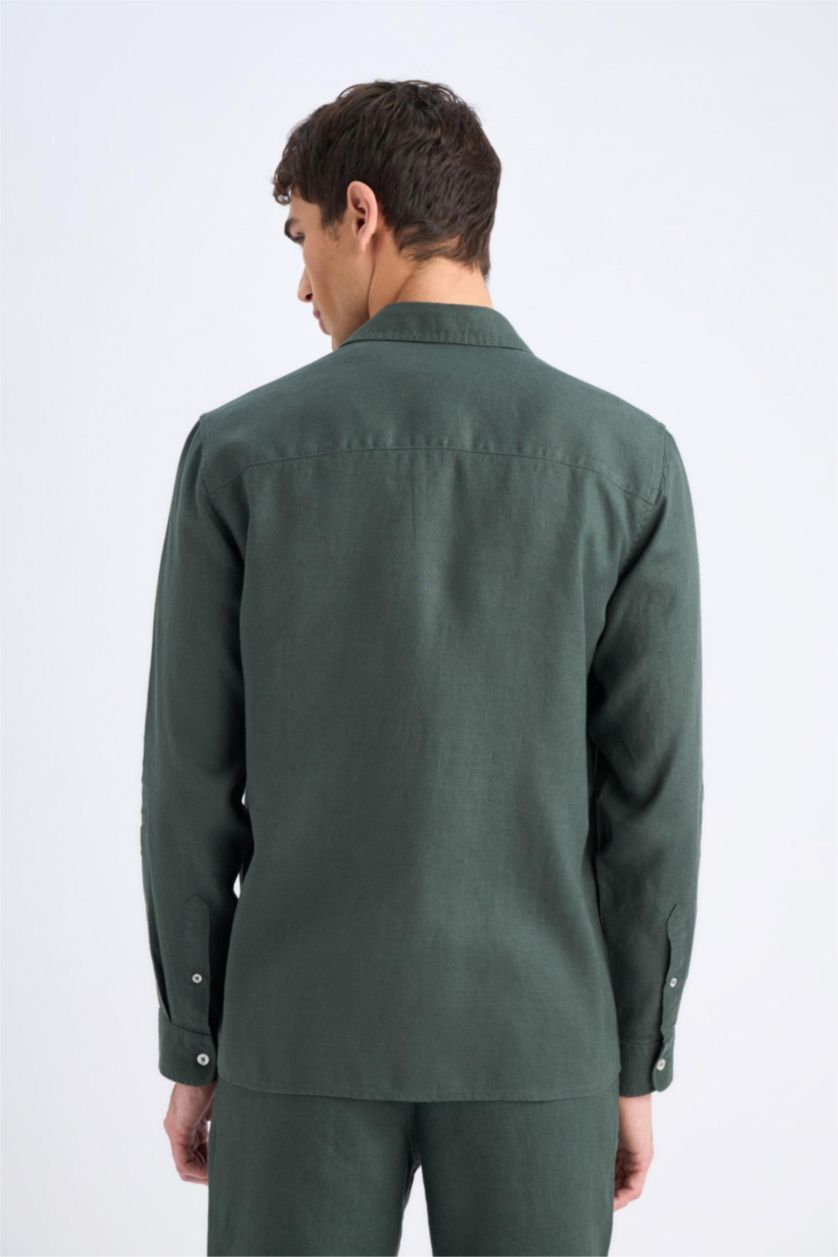 Мужчины Темный хаки Летняя льняная рубашка Regular Fit с длинным рукавом и поло воротником