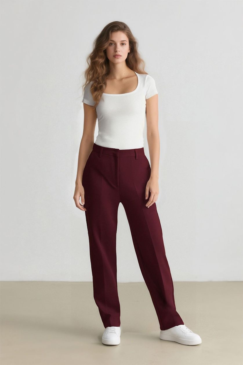 Kadın Bordo Sorbe x DeFacto Carrot Fit Pantolon Havuç Kesim Normal Bel Düz Paça Cepli