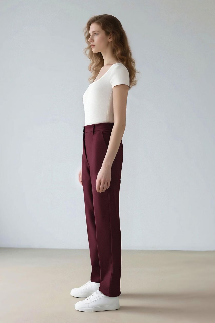 Kadın Bordo Sorbe x DeFacto Carrot Fit Pantolon Havuç Kesim Normal Bel Düz Paça Cepli