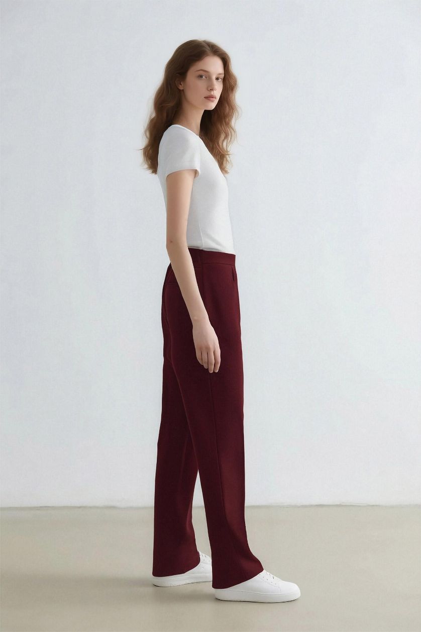 Kadın Bordo Sorbe x DeFacto Carrot Fit Pantolon Havuç Kesim Normal Bel Düz Paça Cepli