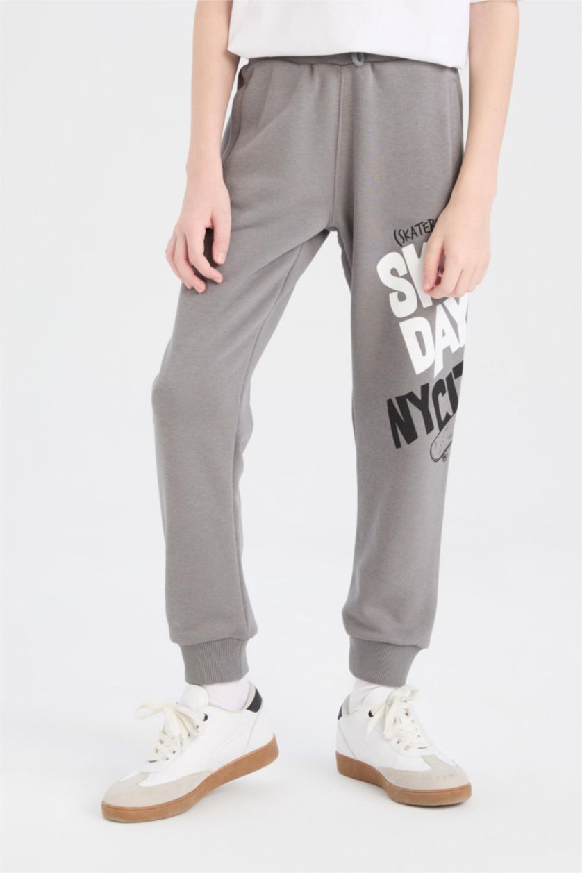 Erkek Çocuk - Genç Erkek Gri Baskılı Beli Paçası Lastikli Eşofman Altı Erkek Çocuk