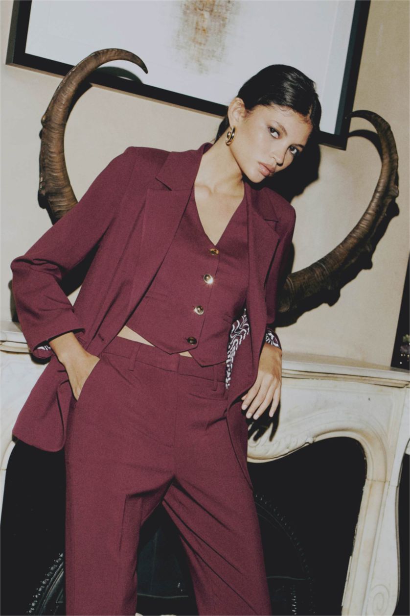 Kadın Bordo Sorbe x DeFacto Regular Fit V Yaka Düğmeli Blazer Yelek