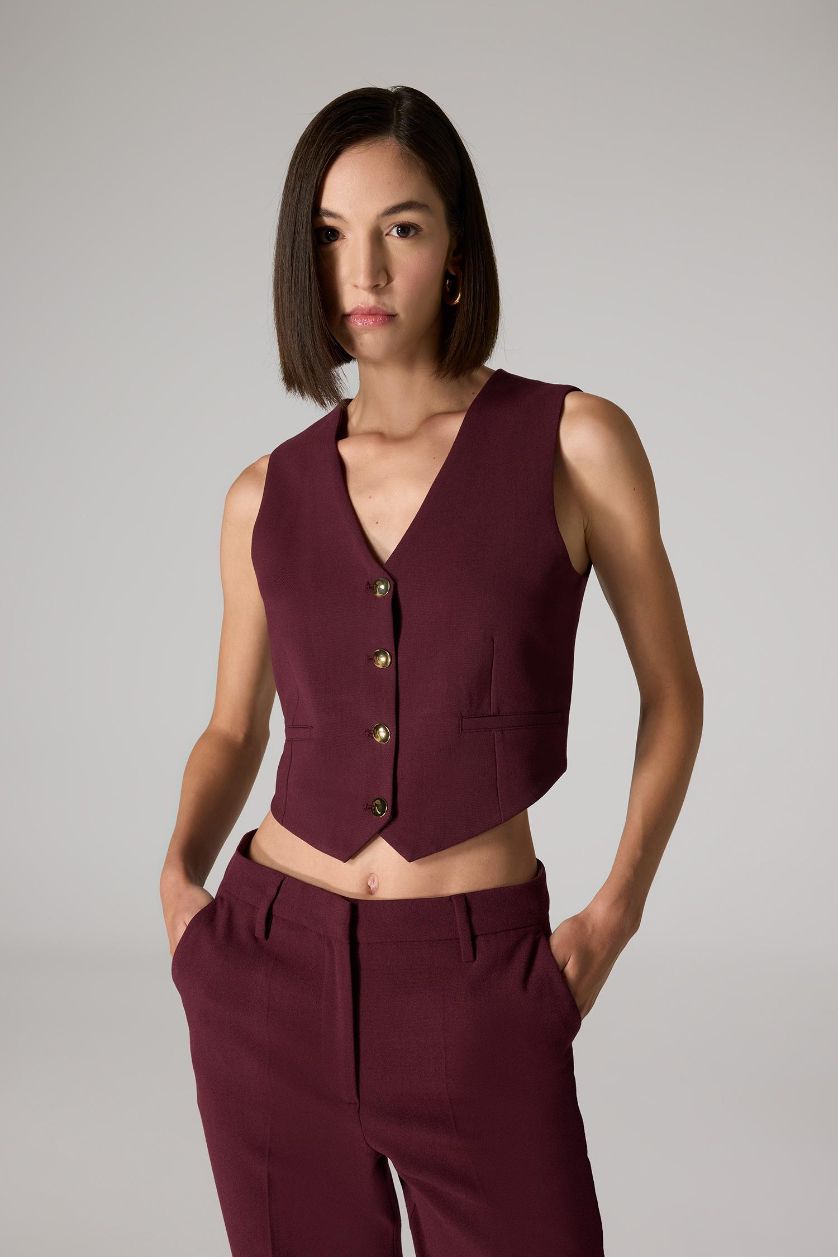 Kadın Bordo Sorbe x DeFacto Regular Fit V Yaka Düğmeli Blazer Yelek