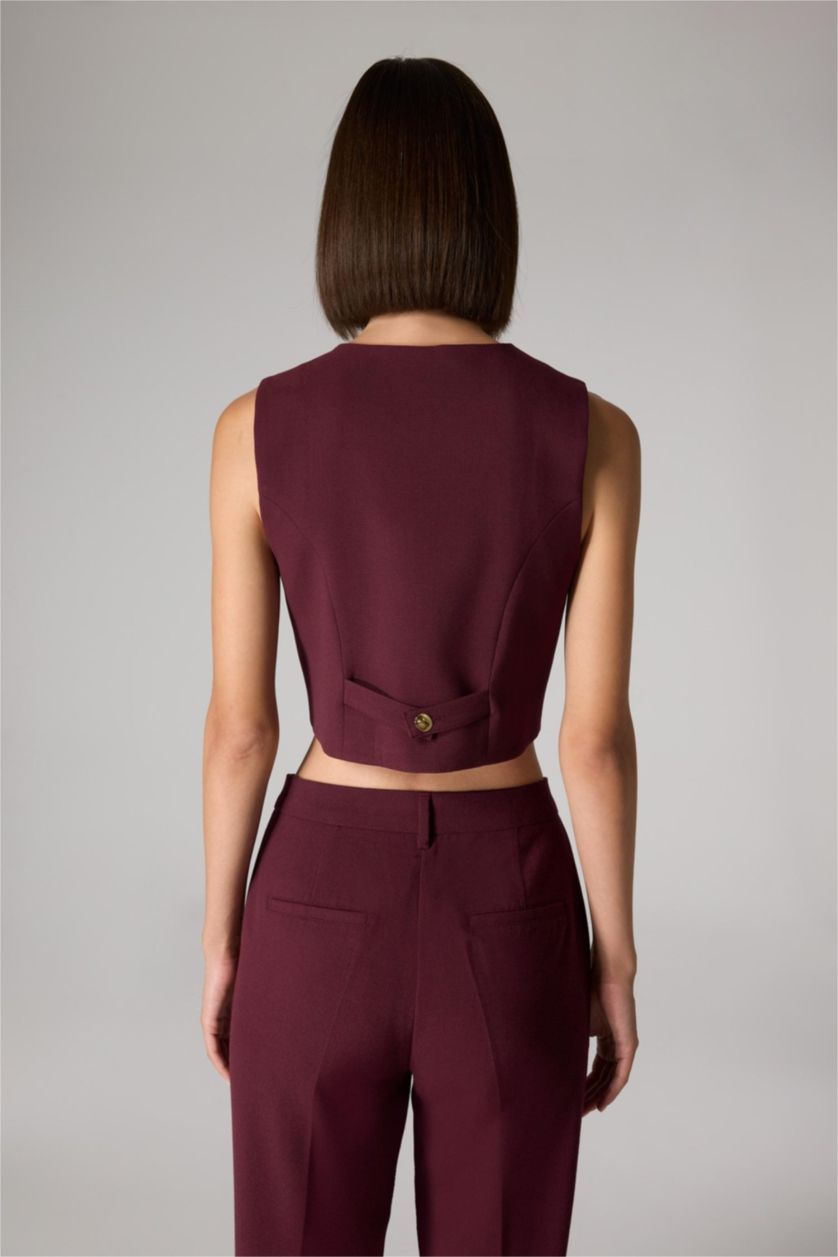 Kadın Bordo Sorbe x DeFacto Regular Fit V Yaka Düğmeli Blazer Yelek