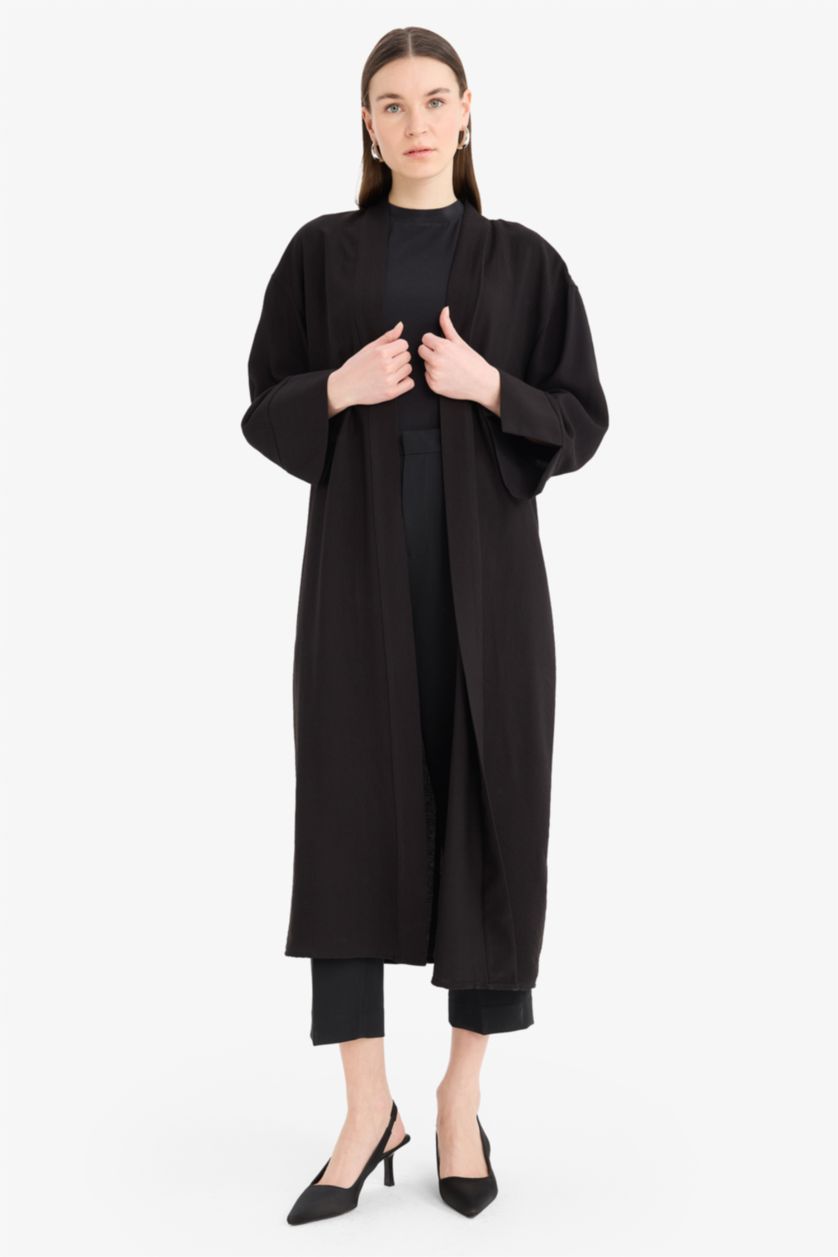 Kadın Siyah Relax Fit Basıc Midi Kimono