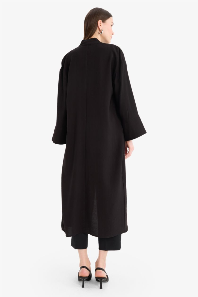 Kadın Siyah Relax Fit Basıc Midi Kimono