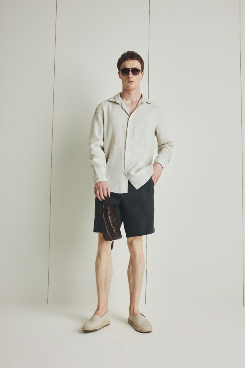 رجال كاكي داكن Regular Fit Linen