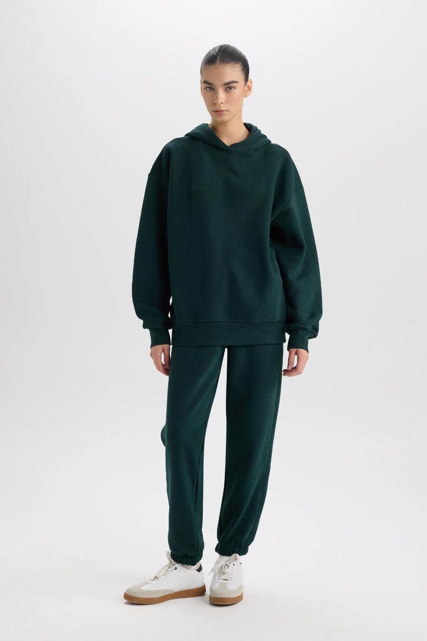 Kadın Koyu Yeşil Standart Boy Jogger Kalın Eşofman Altı Basıc Beli Paçası Lastikli Cepli