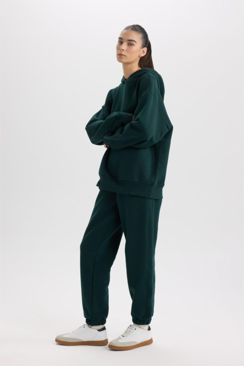 Kadın Koyu Yeşil Standart Boy Jogger Kalın Eşofman Altı Basıc Beli Paçası Lastikli Cepli