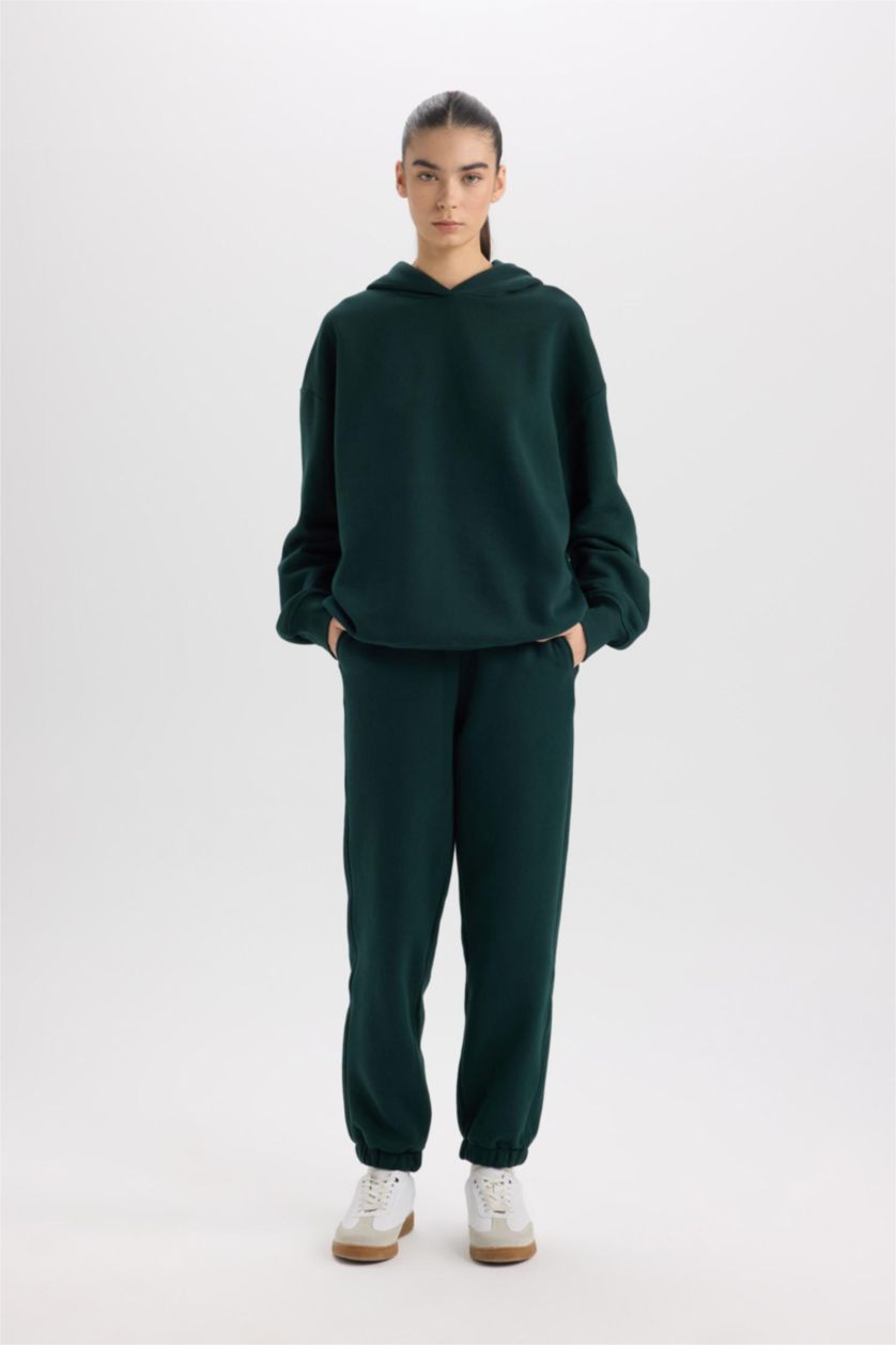 Kadın Koyu Yeşil Standart Boy Jogger Kalın Eşofman Altı Basıc Beli Paçası Lastikli Cepli