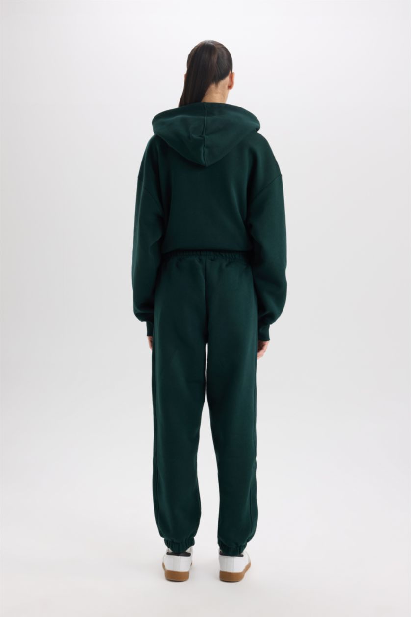 Kadın Koyu Yeşil Standart Boy Jogger Kalın Eşofman Altı Basıc Beli Paçası Lastikli Cepli