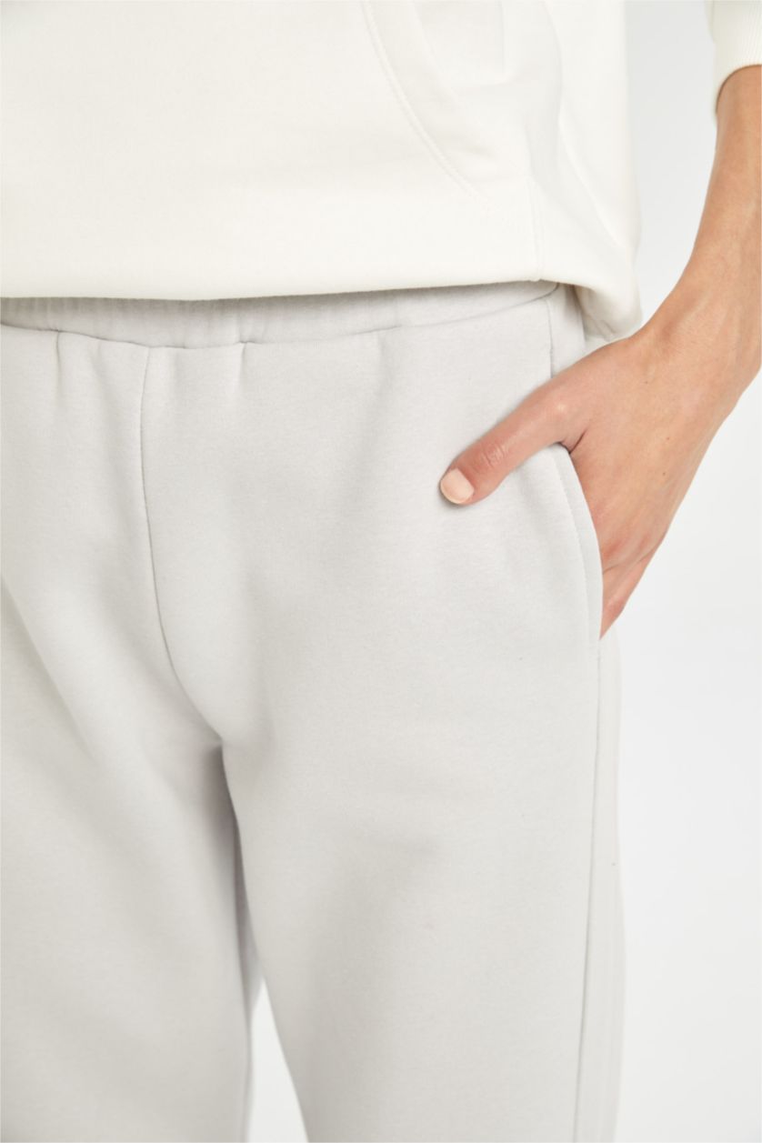Kadın Gri Standart Boy Jogger Kalın Kışlık Eşofman Altı Basic Düz Beli Paçası Lastikli Cepli
