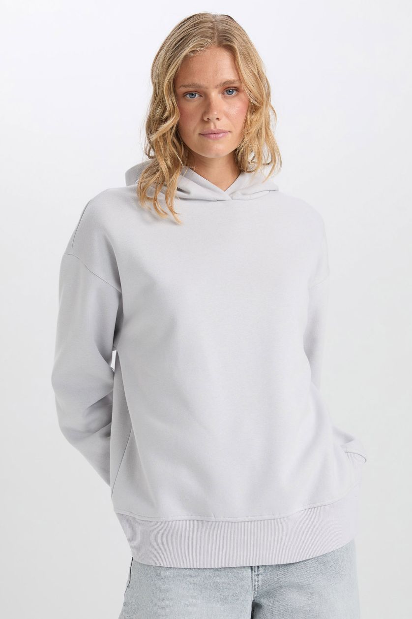 Kadın Gri Relax Fit Kapüşonlu Kalın  Basic Düz Sweatshirt