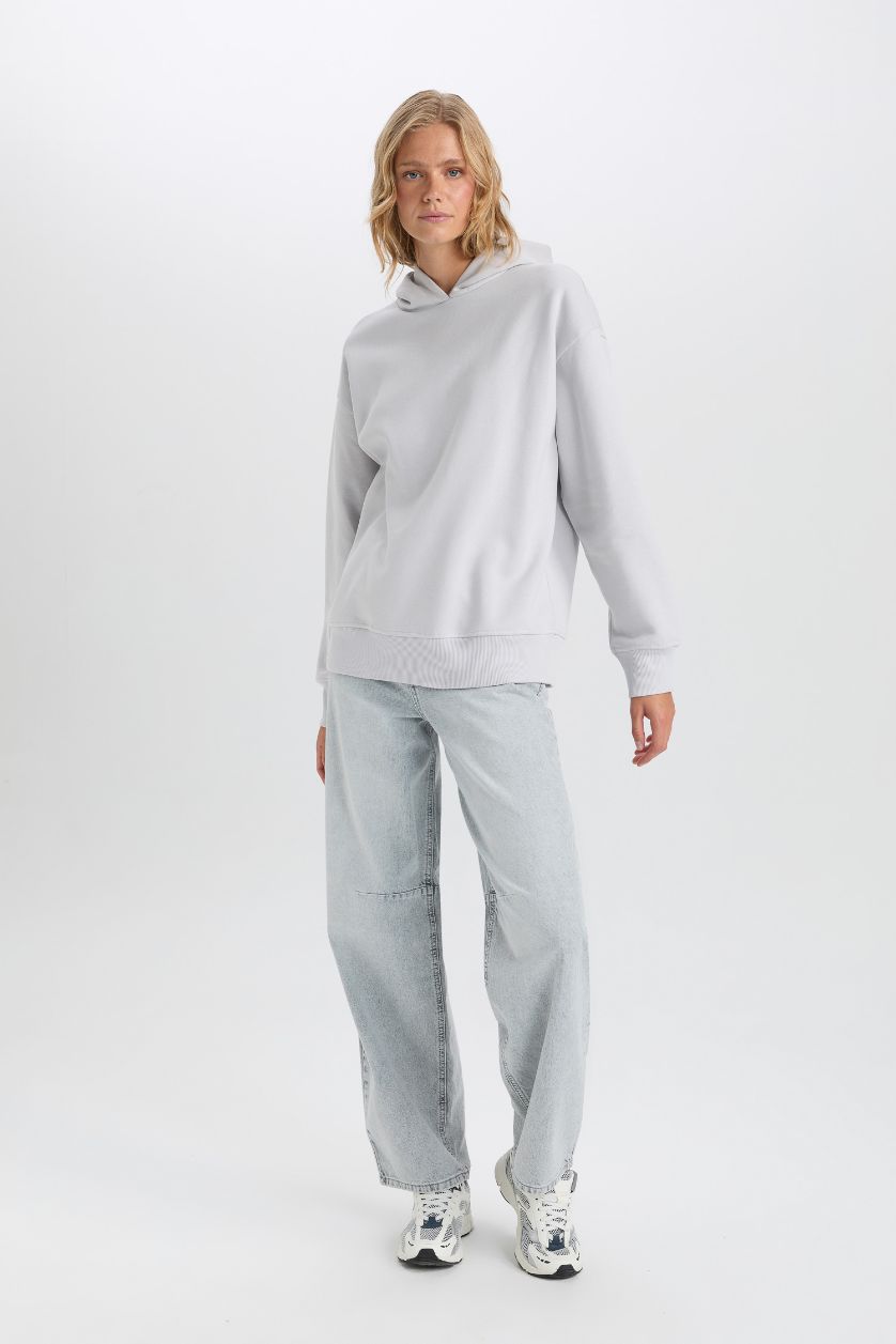 Kadın Gri Relax Fit Kapüşonlu Kalın  Basic Düz Sweatshirt