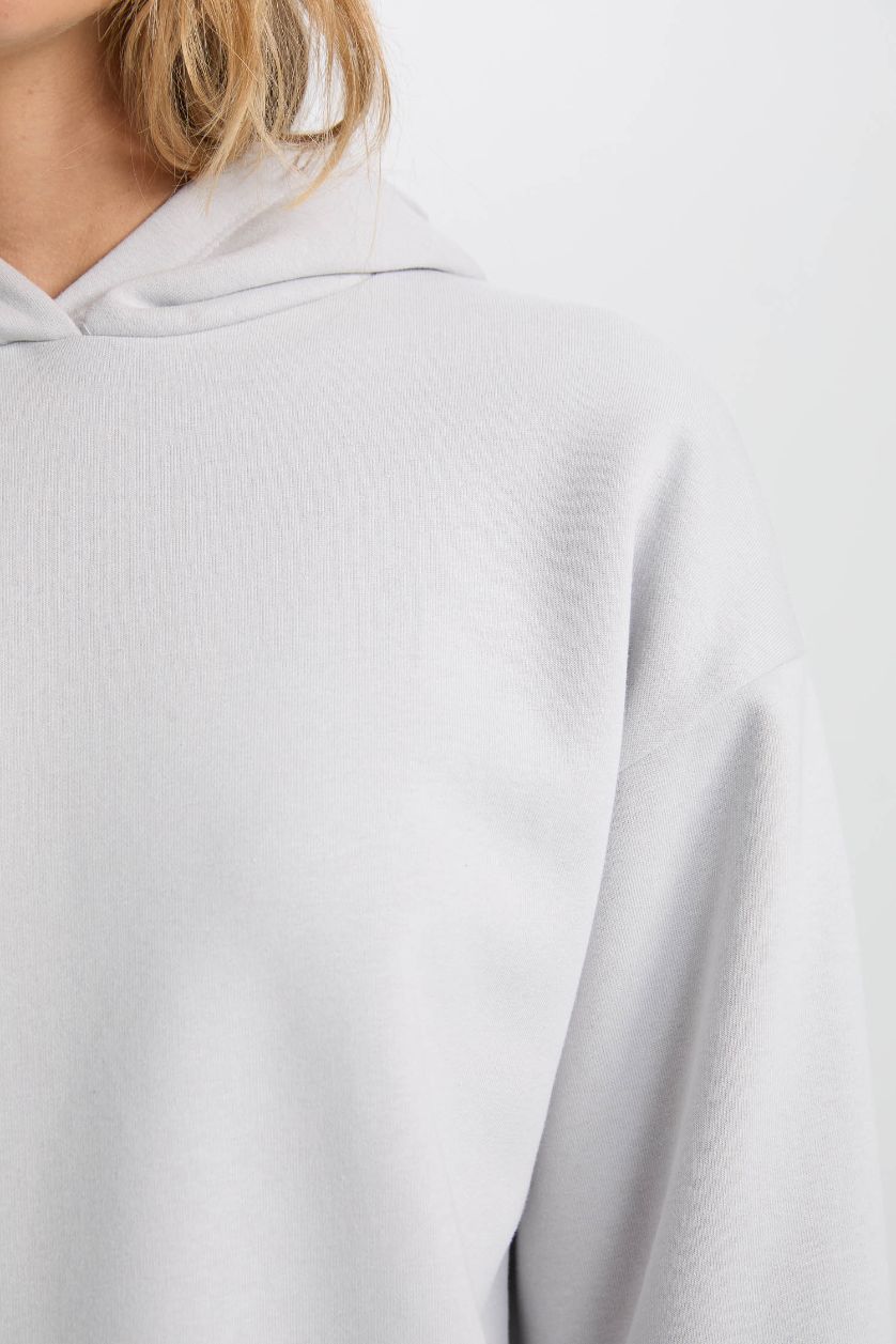 Kadın Gri Relax Fit Kapüşonlu Kalın  Basic Düz Sweatshirt