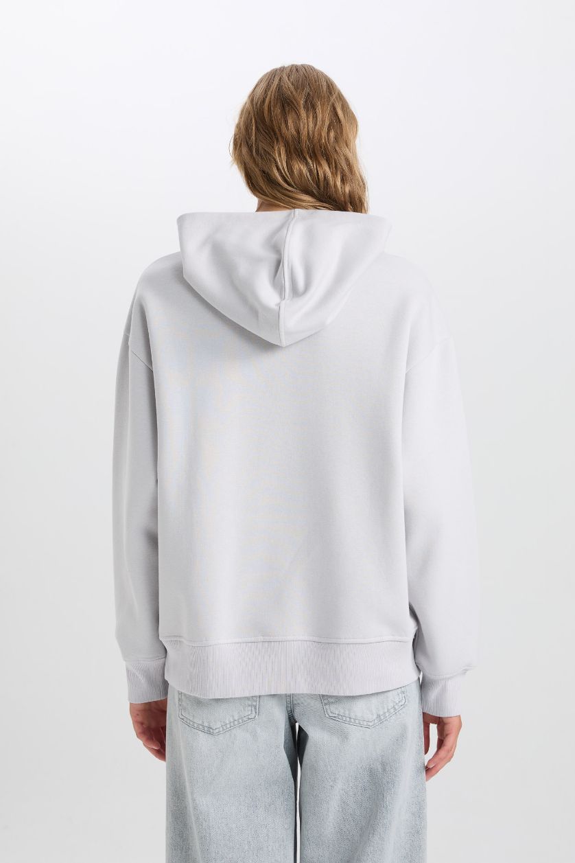 Kadın Gri Relax Fit Kapüşonlu Kalın  Basic Düz Sweatshirt