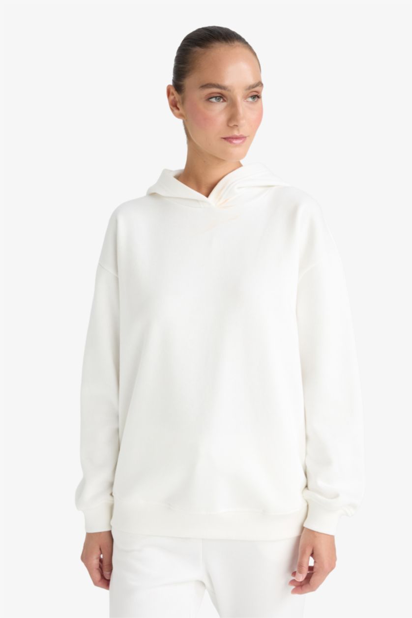 WOMAN Ecru Relax Fit Hooded Basic Thick Fabric Sweatshirt