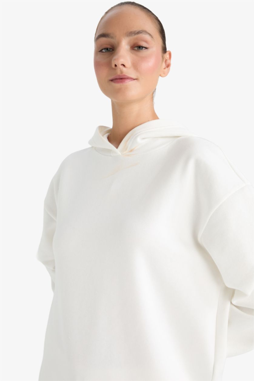 WOMAN Ecru Relax Fit Hooded Basic Thick Fabric Sweatshirt