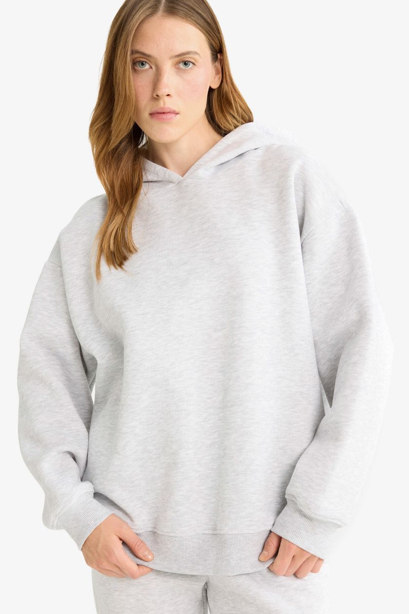 Kadın Gri Melanj Relax Fit Kapüşonlu Basic Düz Kalın Sweatshirt
