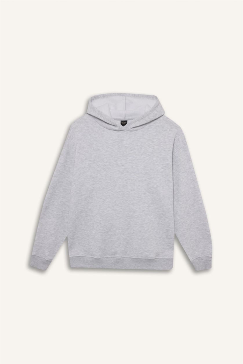 Woman Grey Melange Relax Fit Basic Thick Hoodie
