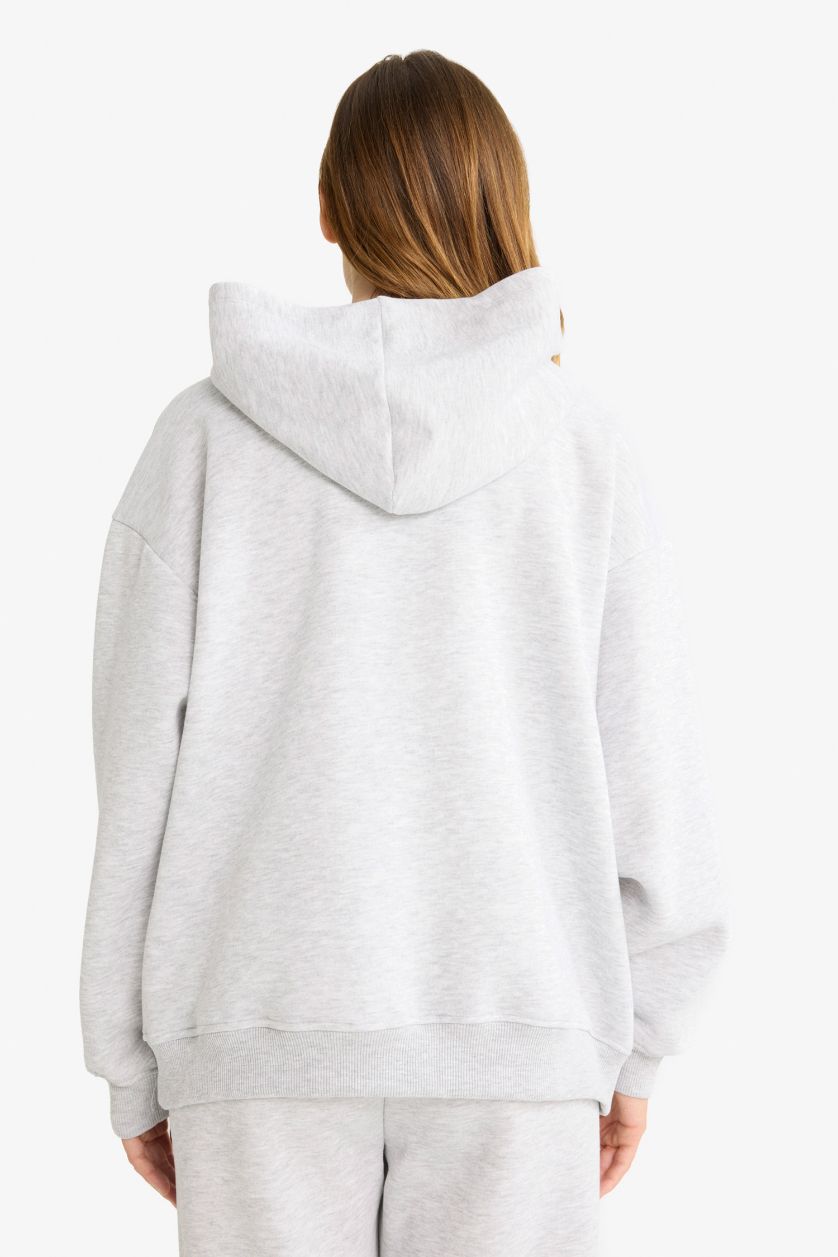 Kadın Gri Melanj Relax Fit Kapüşonlu Basic Düz Kalın Sweatshirt