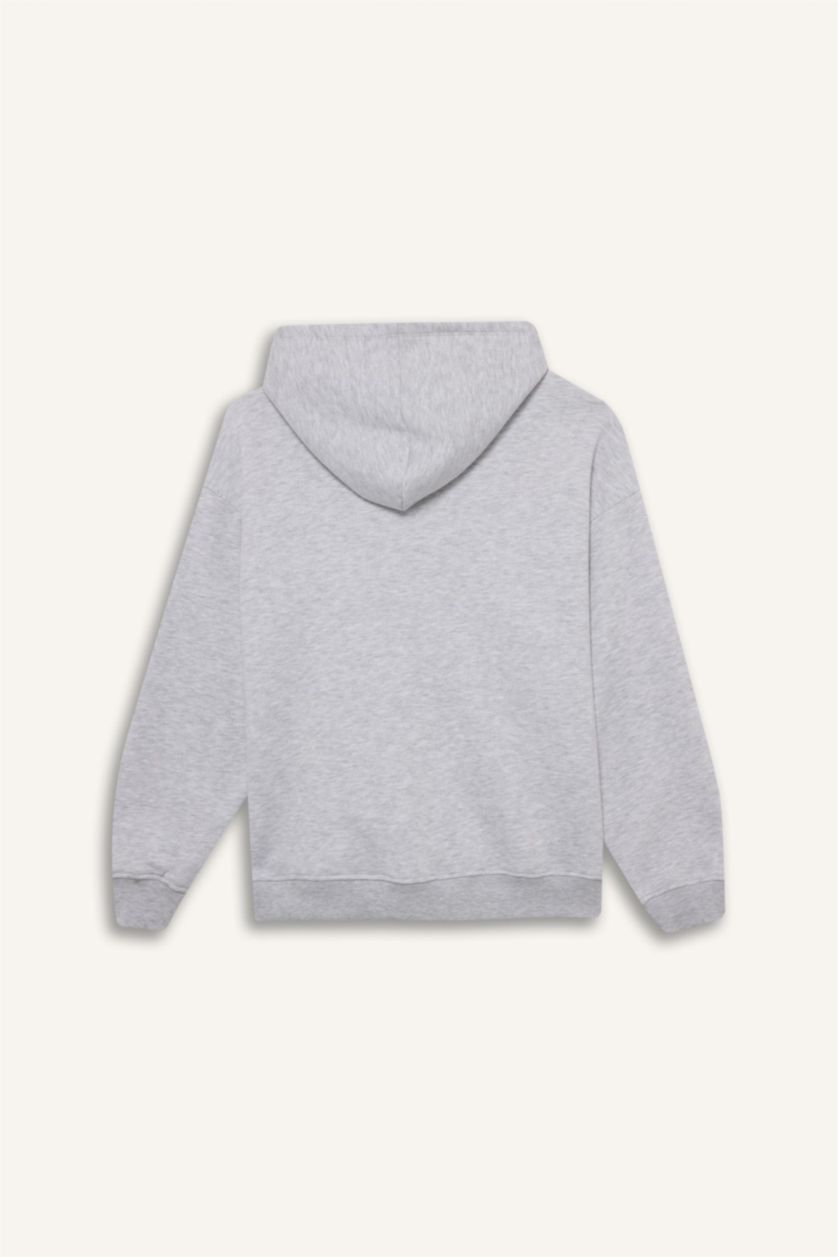Woman Grey Melange Relax Fit Basic Thick Hoodie