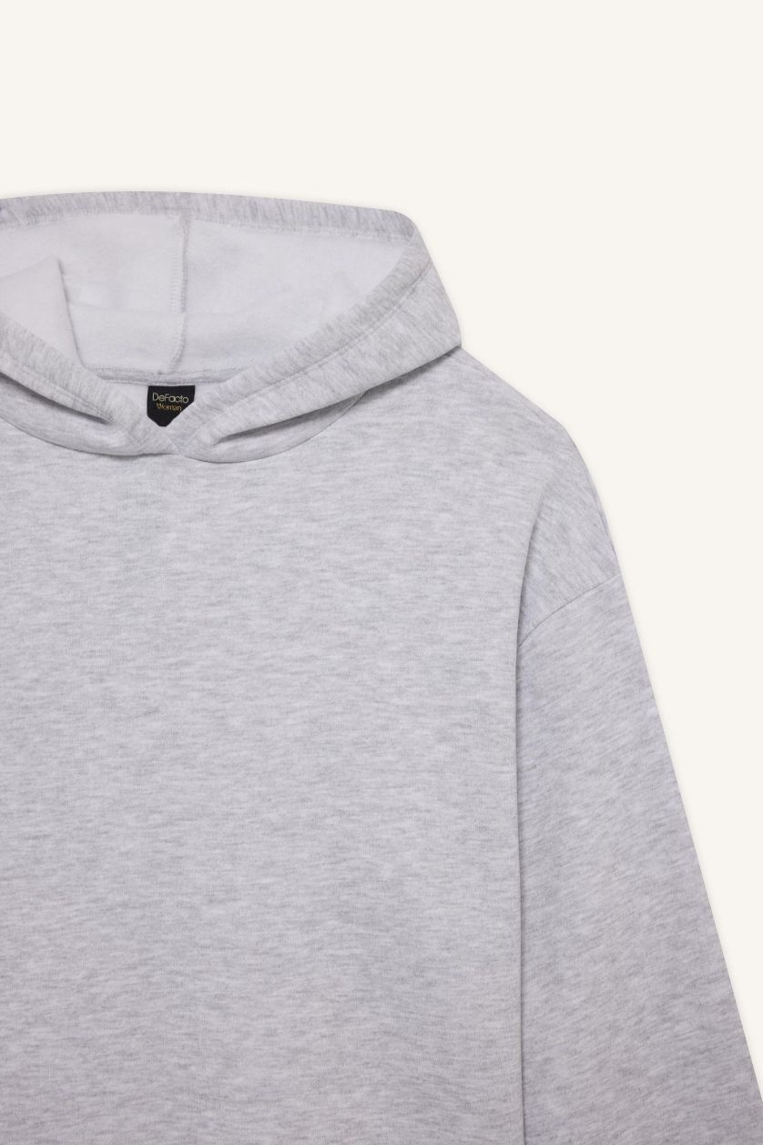 Kadın Gri Melanj Relax Fit Kapüşonlu Basic Düz Kalın Sweatshirt