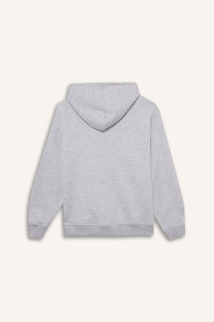 Kadın Gri Melanj Relax Fit Kapüşonlu Basic Düz Kalın Sweatshirt