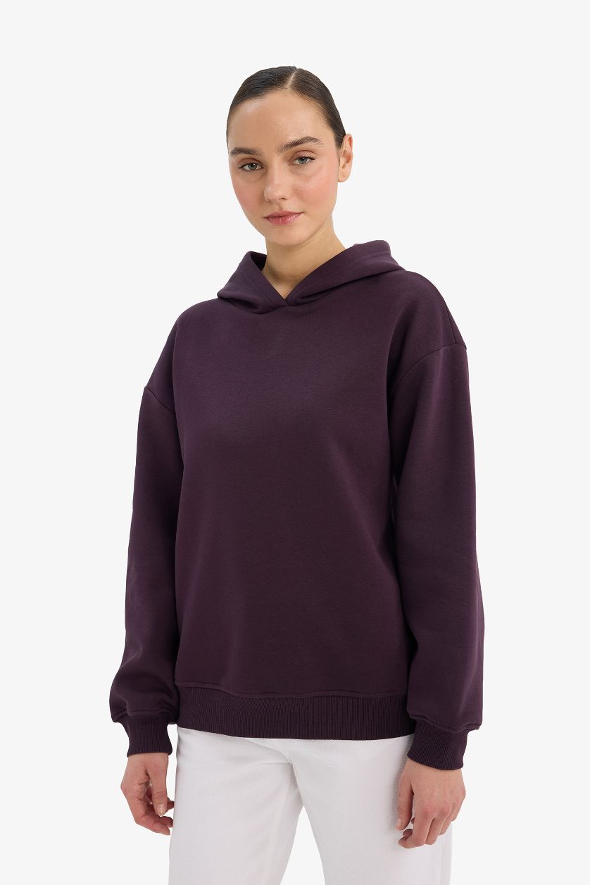 Kadın Koyu Mor Relax Fit Kapüşonlu Basic Düz Kalın Sweatshirt