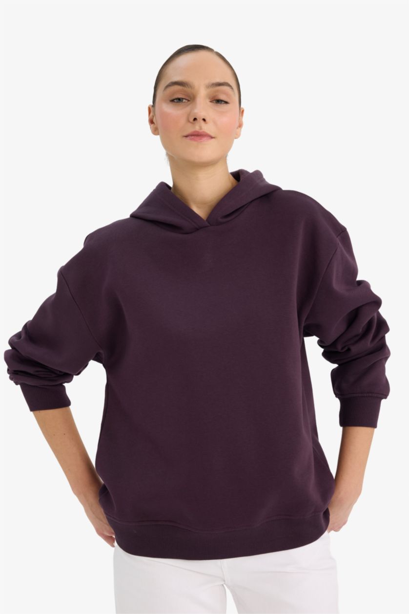 Kadın Koyu Mor Relax Fit Kapüşonlu Basic Düz Kalın Sweatshirt