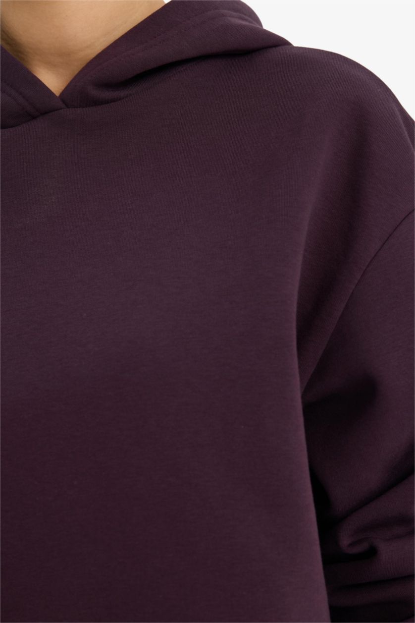 Kadın Koyu Mor Relax Fit Kapüşonlu Basic Düz Kalın Sweatshirt