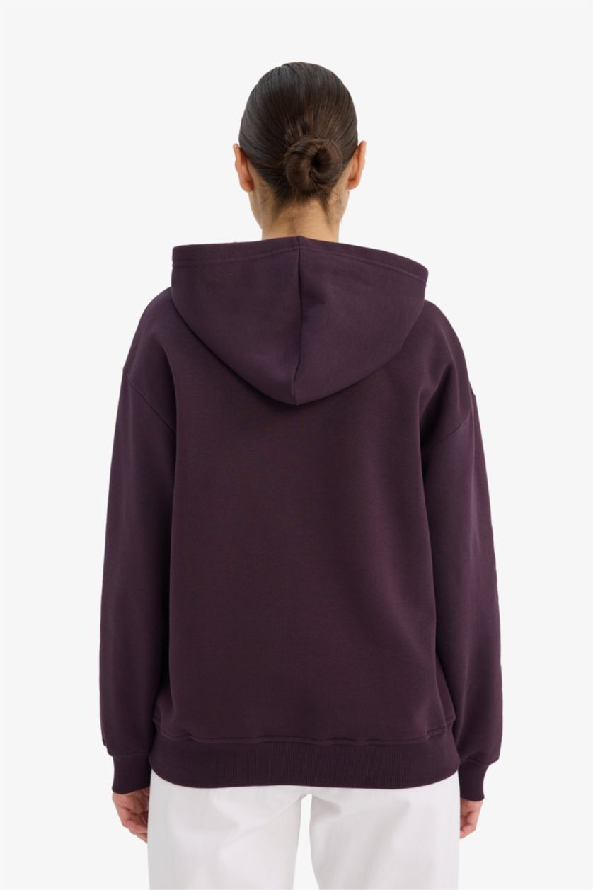 Kadın Koyu Mor Relax Fit Kapüşonlu Basic Düz Kalın Sweatshirt
