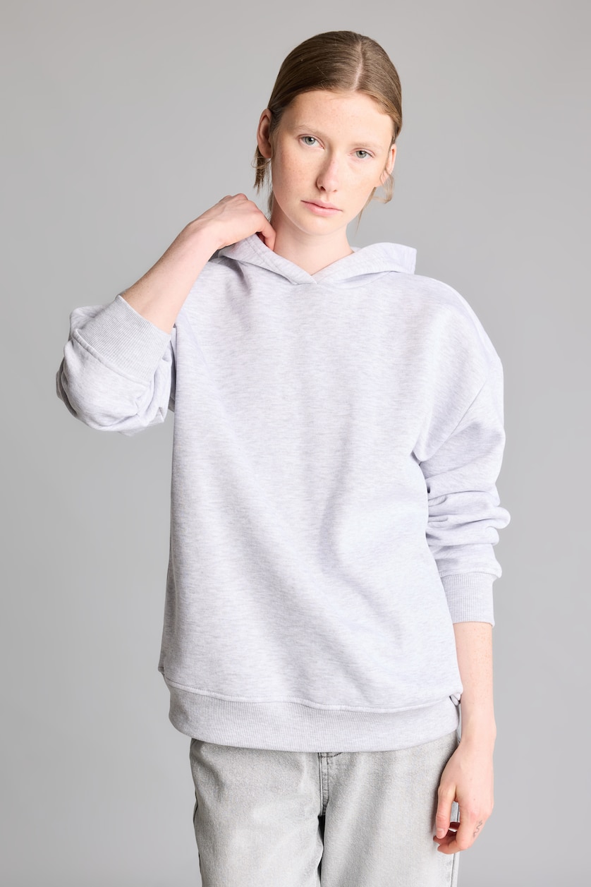Kadın Gri Melanj Relax Fit Kapüşonlu Basıc Kalın Sweatshirt