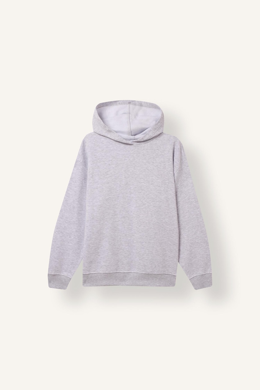 Kadın Gri Melanj Relax Fit Kapüşonlu Basıc Kalın Sweatshirt