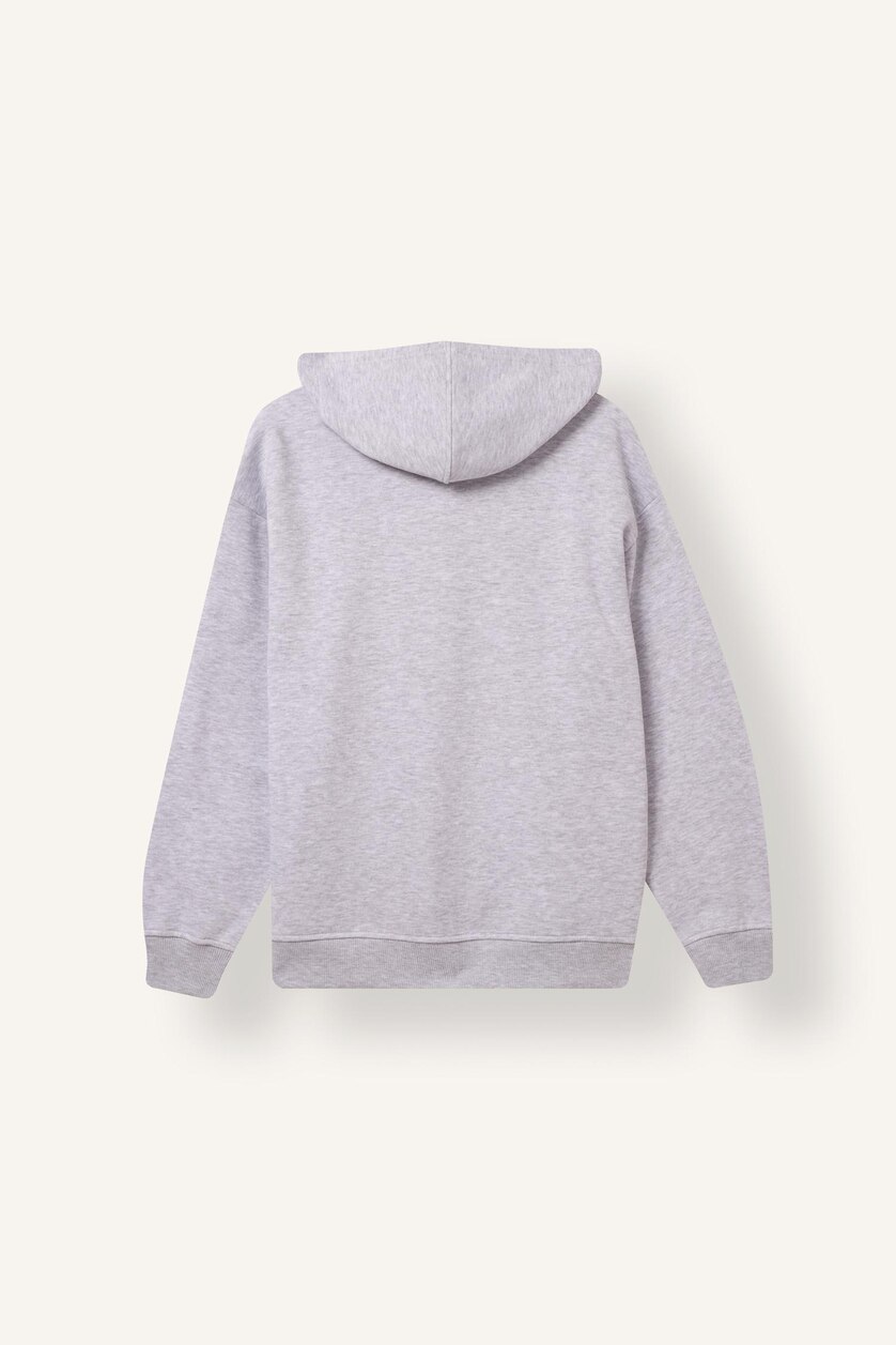 Kadın Gri Melanj Relax Fit Kapüşonlu Basıc Kalın Sweatshirt