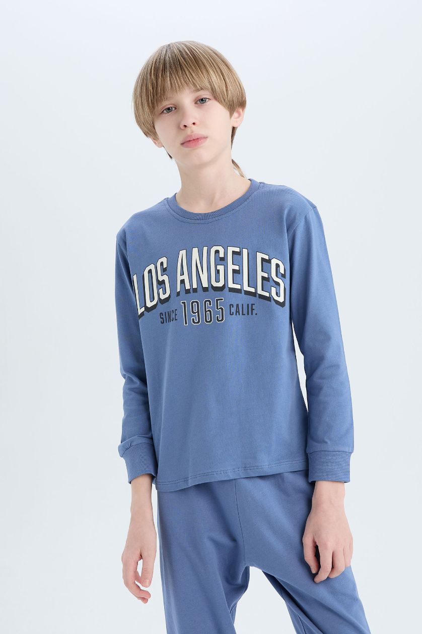 Erkek Çocuk - Genç Erkek Açık İndigo Pijama Takımı Baskılı Uzun Kollu Üst Beli Lastikli Uzun Alt Erkek Çocuk