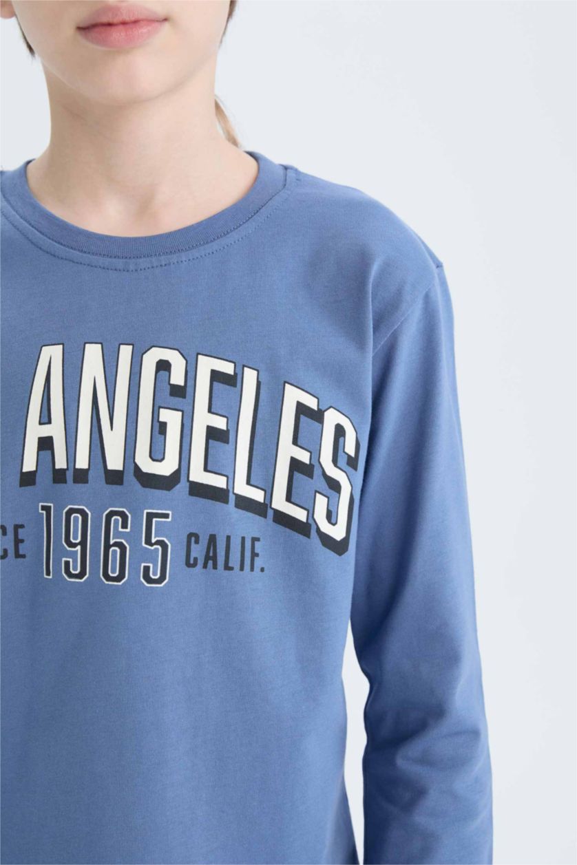 Erkek Çocuk - Genç Erkek Açık İndigo Pijama Takımı Baskılı Uzun Kollu Üst Beli Lastikli Uzun Alt Erkek Çocuk