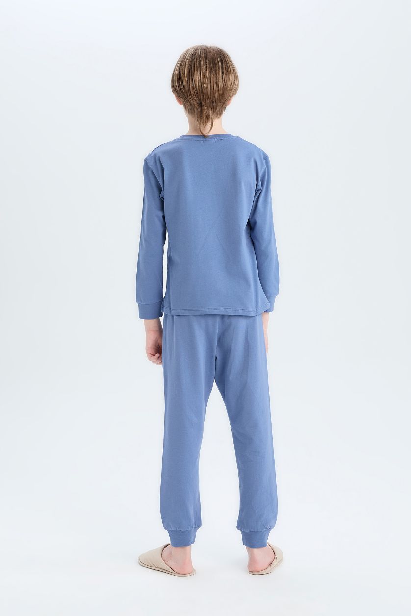 Erkek Çocuk - Genç Erkek Açık İndigo Pijama Takımı Baskılı Uzun Kollu Üst Beli Lastikli Uzun Alt Erkek Çocuk