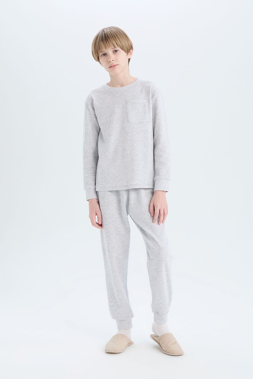 Erkek Çocuk - Genç Erkek Optik Gri Melanj Pijama Takımı Waffle Uzun Kollu Üst Beli Lastikli Uzun Alt Erkek Çocuk