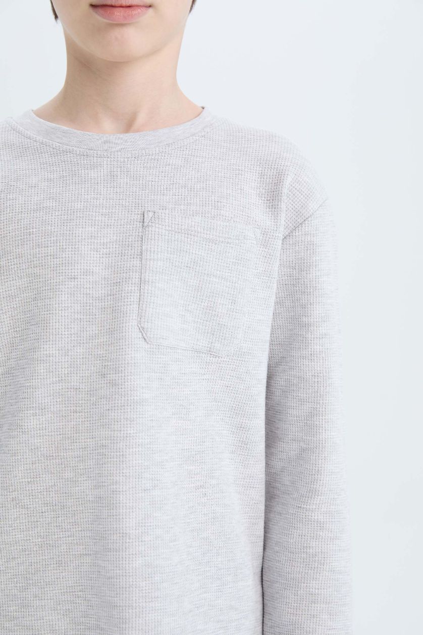 Erkek Çocuk - Genç Erkek Optik Gri Melanj Pijama Takımı Waffle Uzun Kollu Üst Beli Lastikli Uzun Alt Erkek Çocuk