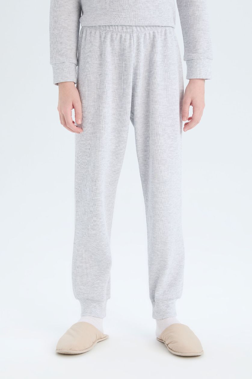 Erkek Çocuk - Genç Erkek Optik Gri Melanj Pijama Takımı Waffle Uzun Kollu Üst Beli Lastikli Uzun Alt Erkek Çocuk