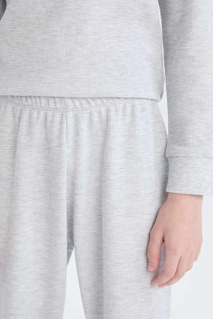 Erkek Çocuk - Genç Erkek Optik Gri Melanj Pijama Takımı Waffle Uzun Kollu Üst Beli Lastikli Uzun Alt Erkek Çocuk