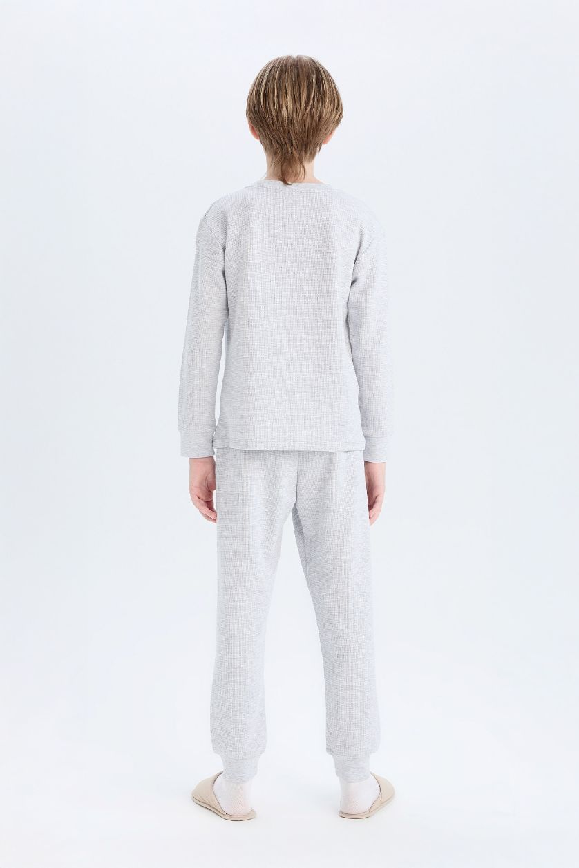 Erkek Çocuk - Genç Erkek Optik Gri Melanj Pijama Takımı Waffle Uzun Kollu Üst Beli Lastikli Uzun Alt Erkek Çocuk