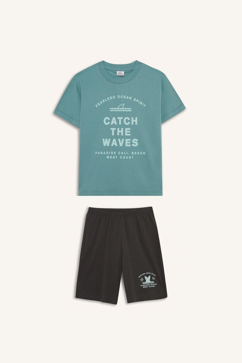 أولاد أخضر طقم بيجاما أولاد تيشيرت و شورت بخصر مطاطي - قطعتين