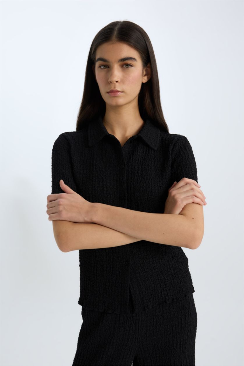 Женщины Черный Slim Fit Приталенный Поло Воротник Футболка Короткий Рукав